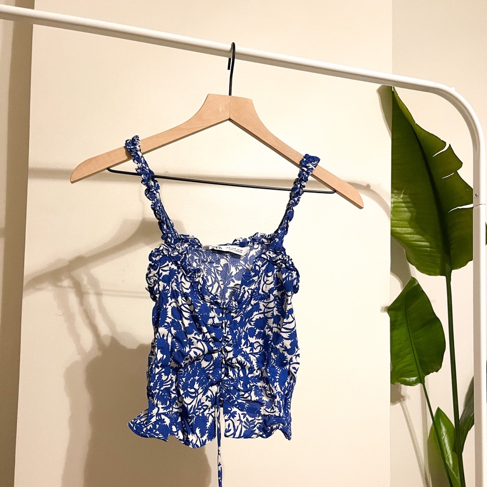 Zara Blue Floral Lace-Up Top - Size Small